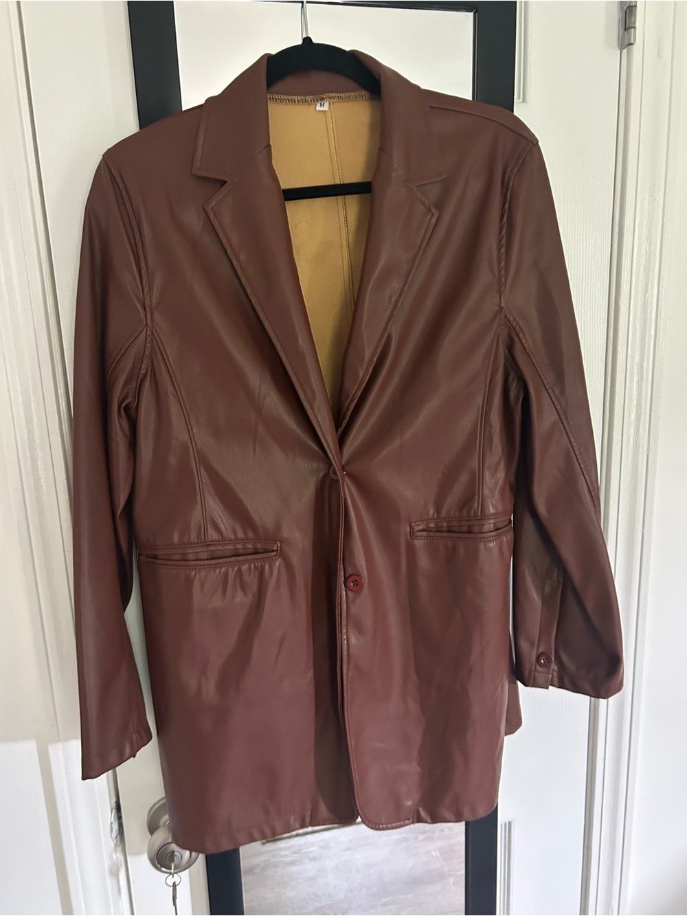 Womens Brown Faux Leather Blazer Jacket